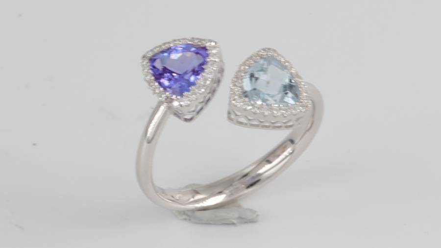 ΔΑΧΤΥΛΙΔΙ ΛΕΥΚΟΧΡΥΣΟ Κ18 ΜΕ AQUAMARINE, ΤΑΝΖΑΝΙΤΗ ΚΑΙ ΔΙΑΜΑΝΤΙΑ